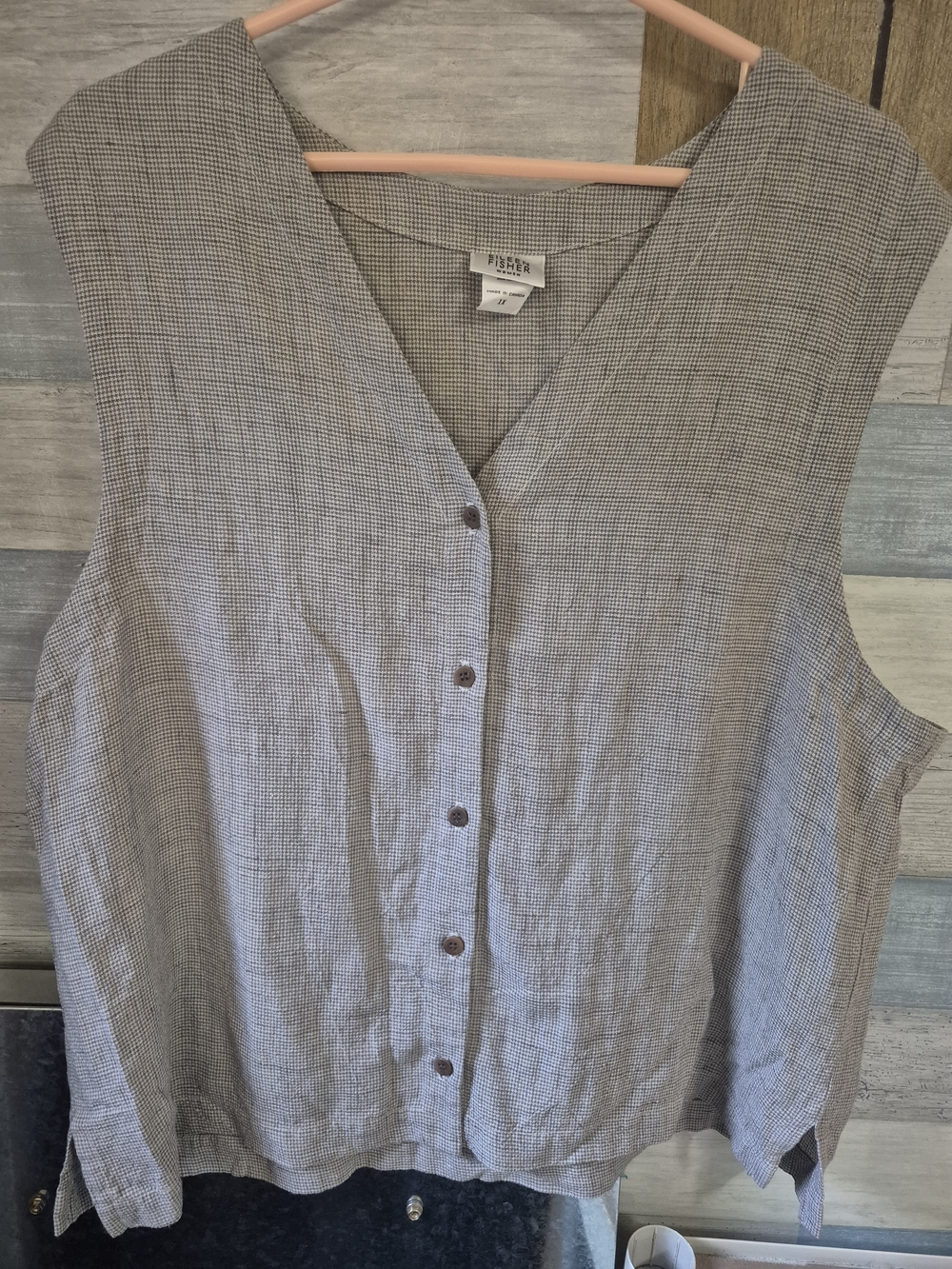 Eileen Fisher Vintage Linen Houndstooth V-Neck Button Down Vest Plus Size 1X